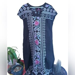 Johnny Was Black Linen Dress Boho Large
